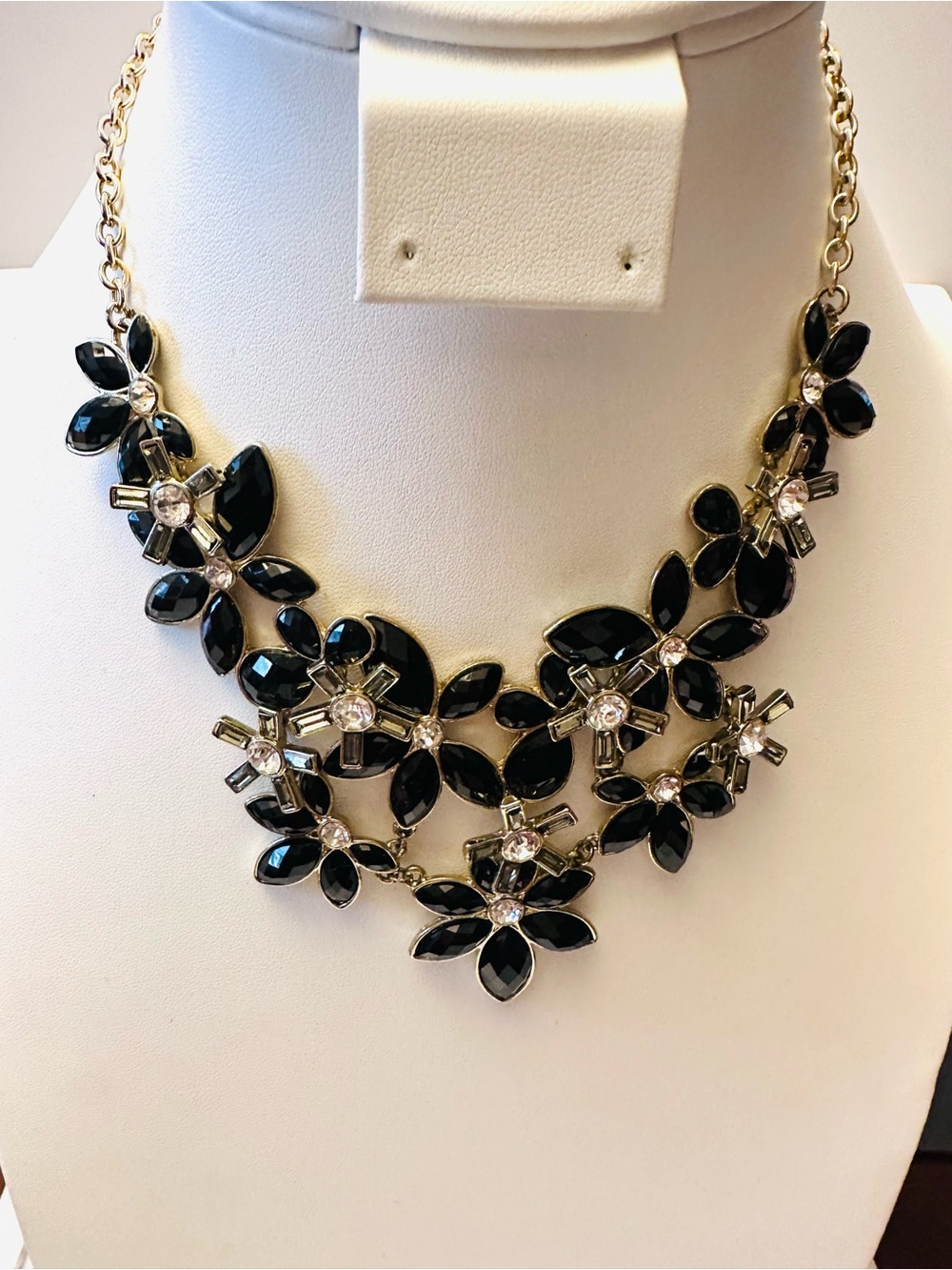 Anne Klein Black Crystal Gold tone Statement Necklace/18”